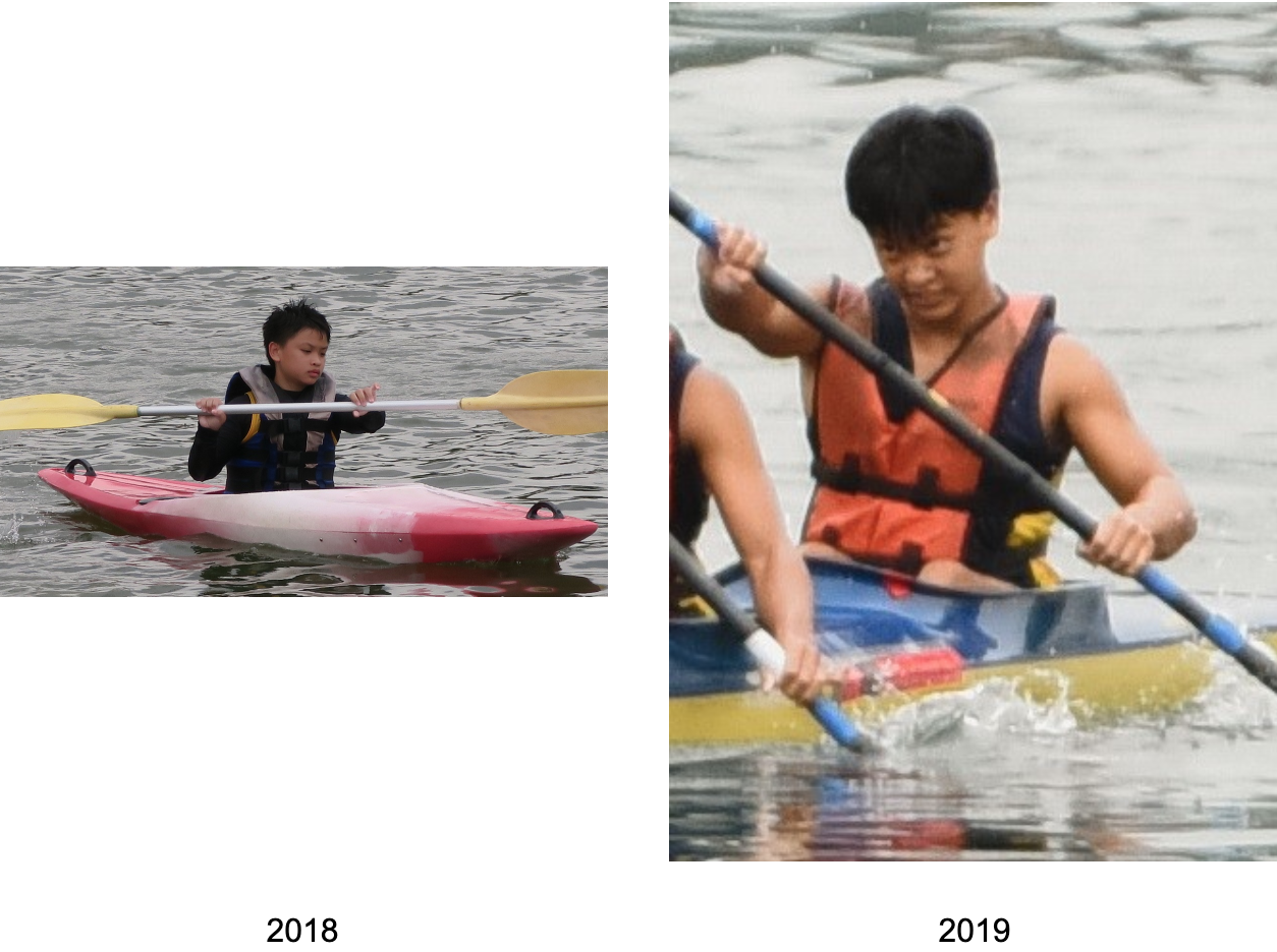 Two photos from 2018 and 2019 showing a boy kayaking, visibly older and larger in the second photo.